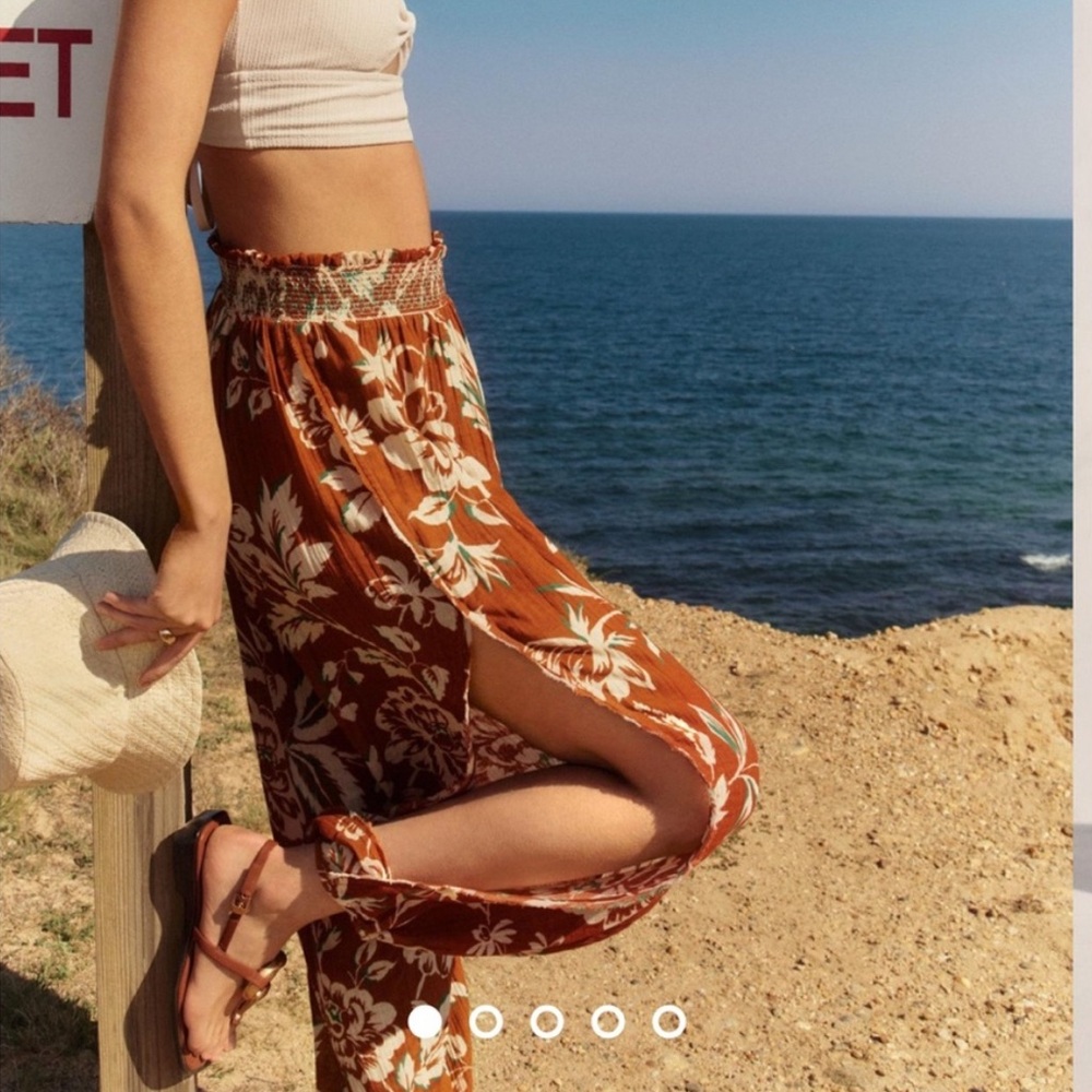Wide Leg Floral Split Pants in Rust